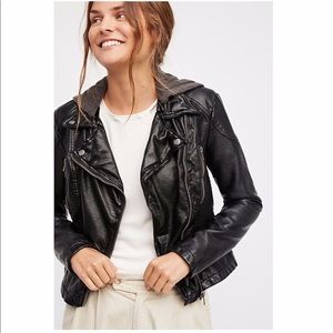 NWT Free People Black Vegan Hooded Leather Jacket